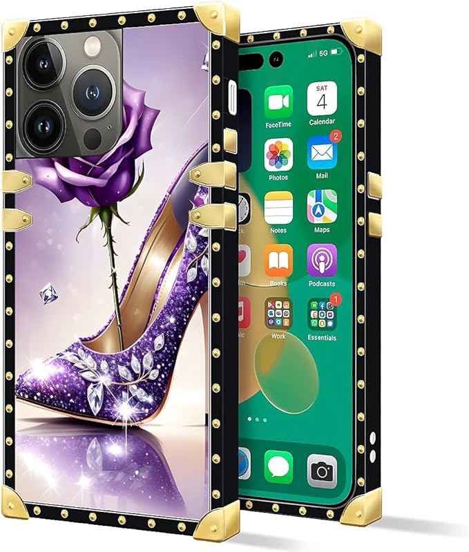 Compatible with iPhone 14 Pro Max Case, High Heeled Purple Diamond Rose Luxury Golden Decoration for Girl Women Soft TPU Shockproof Protective Hard PC Back for iPhone 14 Pro Max