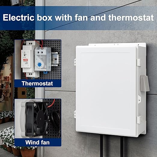 Namunanee Outdoor Electrical Box with Thermostat and Fan, ABS Water Resistant Enclosure with Internal Mounting Panel & Hinged Cover, 18.1" H* 12.6" L* 6.3" W, Plug & Play.