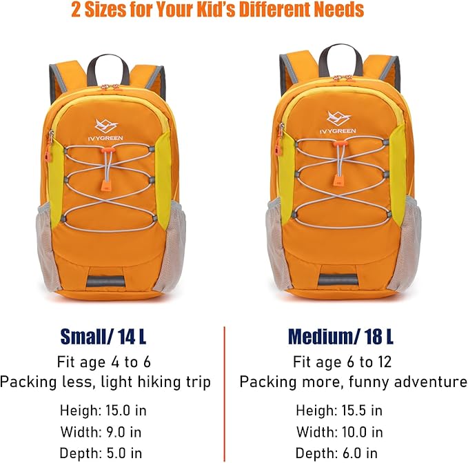 IVYGREEN Little Kids Hiking Backpack for Boys or Girls, Small Daypack for Camping or Travel (Orange, Medium)