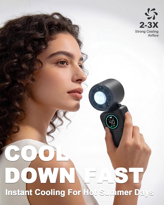 Portable Handheld Fan, Ice Cooling Turbo Fan, 20000 RPM Handheld Personal Fan, Rechargeable 20H, Stepless Speed + LED Display – Mini Pocket Fan Travel Gift for Outdoor / Office / Home Watching Game