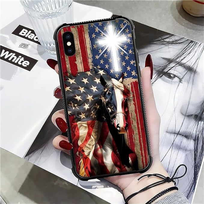 for iPhone Xs Max Case, Red American Flag Horse Cross Pattern Graphic Design Girl Boy Soft Silicone Hard Acrylic Shock Protection for iPhone Xs Max