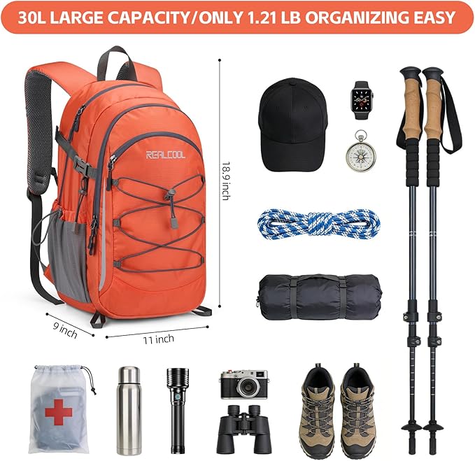 RealCool Hiking Backpack for Men Women,30L Lightweight Waterproof Travel Camping Backpack Hiking Daypack for Cycling Running,Orange
