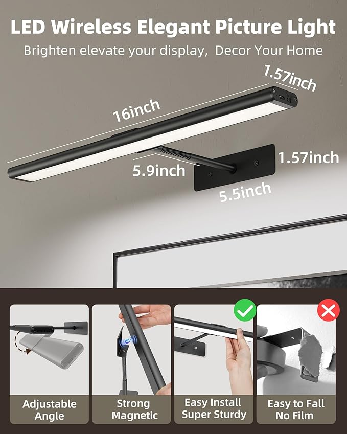 EZVALO Picture Light for Wall, 4800mAh Rechargeable Wireless Remote Battery Lights for Painting, 16In Dimmable Magnetic LED Art Display Light, Colors Temperatures, for Gallery, Living Room,Hallway