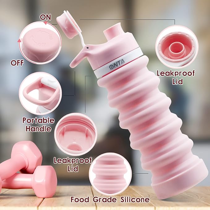 ONTA Collapsible BPA Free Silicone Water Bottle, 20oz - Portable, Leakproof, Easy Clean, Shatter Resistant, Travel Friendly