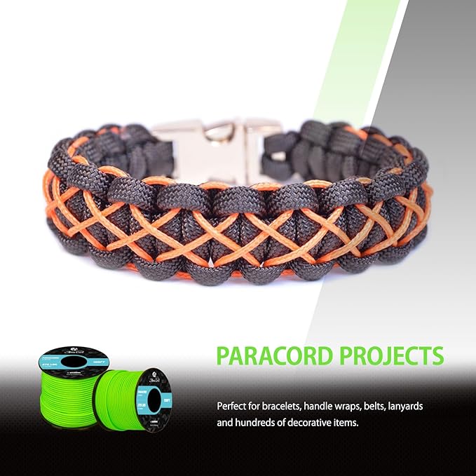 Abma Cord 2.4mm Paracord 275 100ft Nylon Rope 4 Strands Tactical Parachute Cord - Max. 275lbs - Neon Green