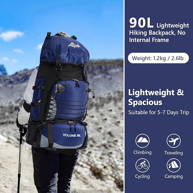 90L Hiking Backpack, Waterproof Camping Bag with Rain Cover, Lightweight Backpacking Back Pack