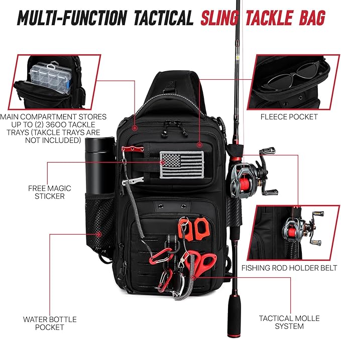 Fishing Sling Bag, Fishing Bag With Rod Holder Fixed Stickers, MOLLE System, Soft Bait & Gear Storage, Gift for Men Black