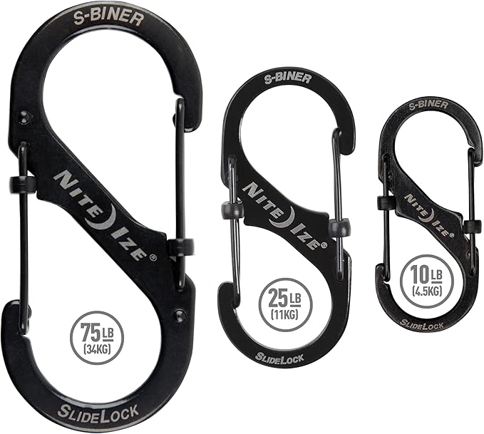 Nite Ize S-Biner SlideLock Stainless Steel Dual Locking Carabiner - S-Biner Key Holder with Locking Gate - Carabiner Organizer for Keys & Camping Accessories - Assorted Sizes, Black (3 Pack)