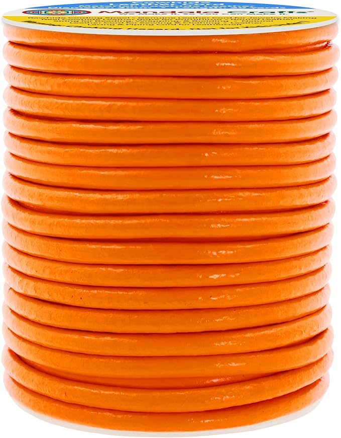 Mandala Crafts Round Genuine Orange Leather Cord for Jewelry Making – 3mm Cowhide Leather Rope String Lace for Kumihimo – 20 Yards Cowhide Craft Cording Spool