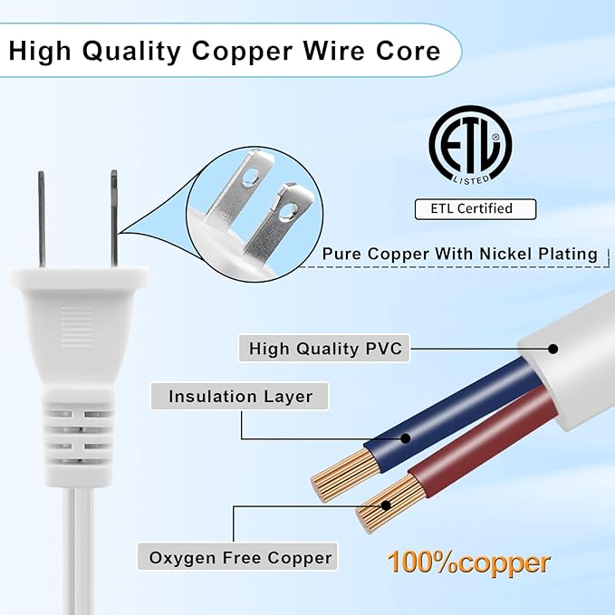 50FT White Extension Cord,2 Prong Extension Cords Indoor,16 Gauge SPT-2 Flat Power Cable,Lightweight Design for Yard, Garden,Lights,ETL Listed(13A 125V)