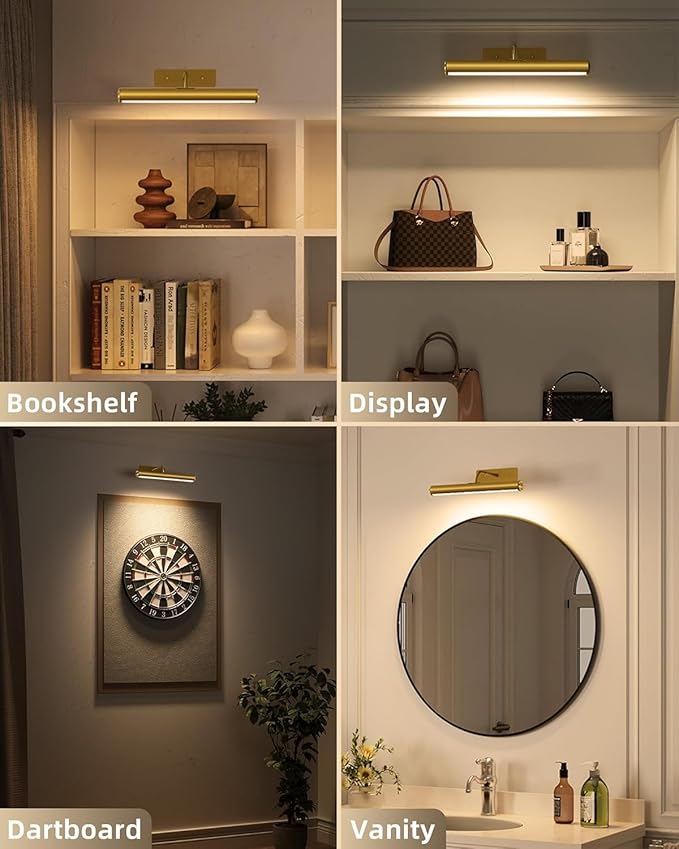 EZVALO 13in Wireless Picture Lights, 4000mAh Rechargeable Art Light with Remote, Dimmable 3 Color Temps, Battery Operated Wall Light for Living Room, Gallery, Painting (Gold, 3 Pack)