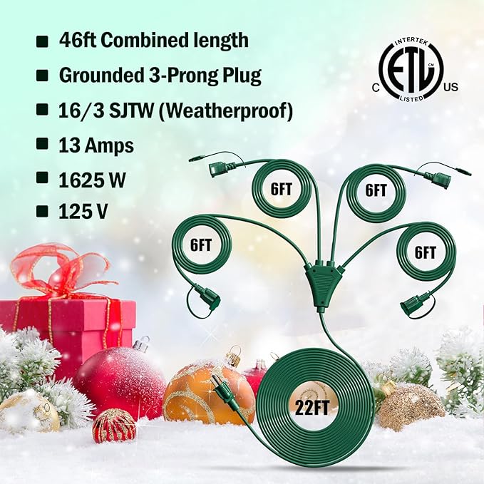 Eversimpleinc 1 to 4 Splitter Extension Cord (Combined 46 FT, End to End 28 FT), 3 Prong Plug with 4 Extended Outlets, with Weatherproof Covers for Indoor and Outdoor
