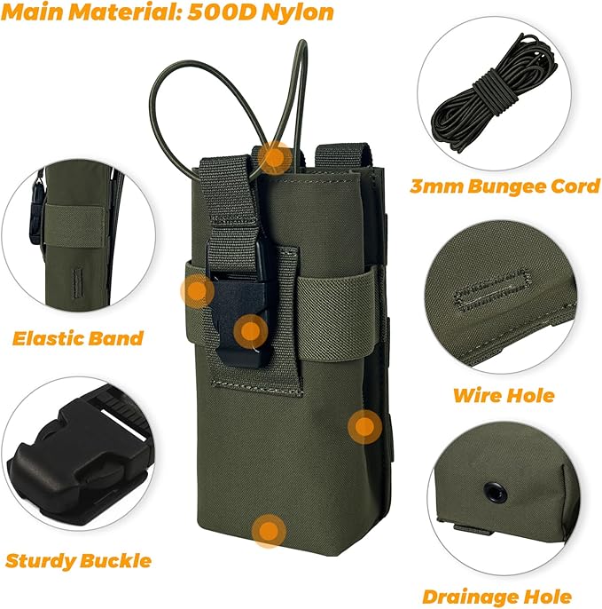 Radio Holster Walkie Talkie Pouch - 500D Nylon Molle System 3mm Bungee Storage Bag for Utility Tactical Belt Accessory Fits Standard Handset