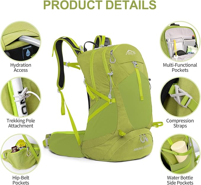 IX INOXTO Hiking Backpack, 26L/40L Waterproof Hiking Daypack with 3L Water Bladder and Rain Cover, Lightweight Travel Camping Backpack for Men Women (Fruit Green)