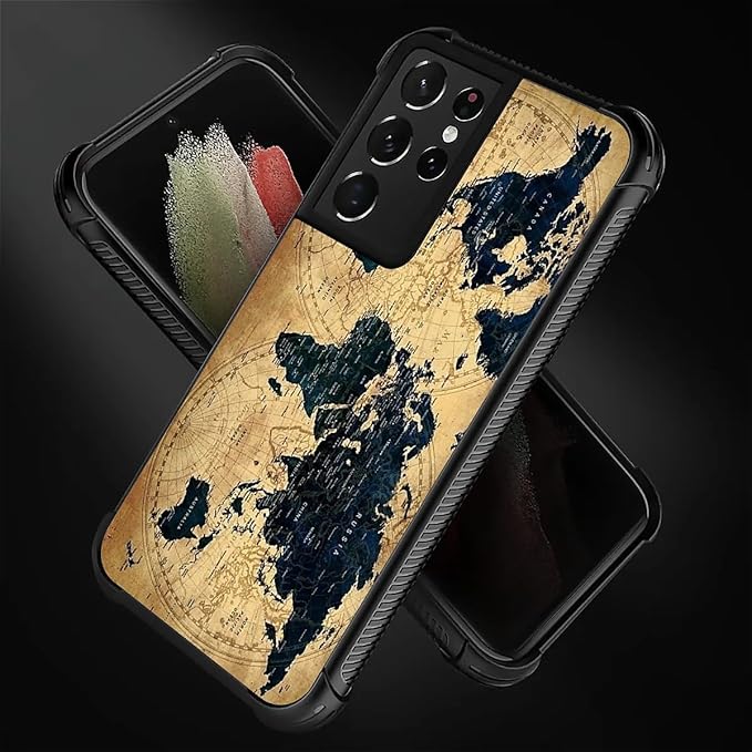 for Samsung Galaxy S21 Ultra Case, Brown World Map Pattern Graphic Design Girl Boy Soft Silicone Hard Acrylic Shock Protection for Samsung Galaxy S21 Ultra