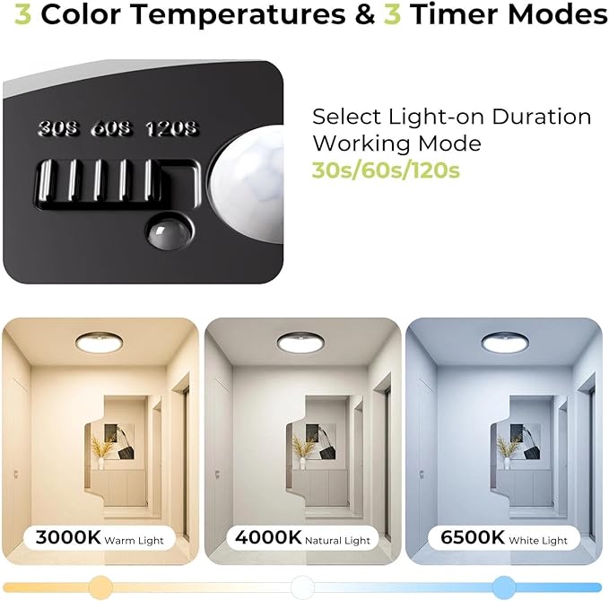 hepside 2 Pack Motion Sensor Ceiling Light Wired, 3000K/4000K/6500K LED Flush Mount Ceiling Light Fixture, 8.7Inch 18W Motion Sensor Light with Timer for Closet Stair Porch Hallway Pantry,Black