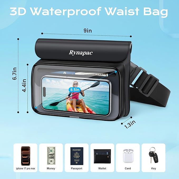 IPX8 Waterproof Fanny Pack, [Up to 8.5"] Waist Bag for Women, Floating Phone Pouch Dry Bag for iPhone 17 16 15 Pro Max, Passport, Wallet, Card, Travel Beach Kayaking Boating Essentials, 2 Pack