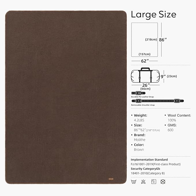 Molithe 100% Wool Blanket, 62" x 86", Warm, Thick, Washable, Military Wool Blanket, Great for Camping, Outdoors, Sporting Events, Survival Kits, Brown