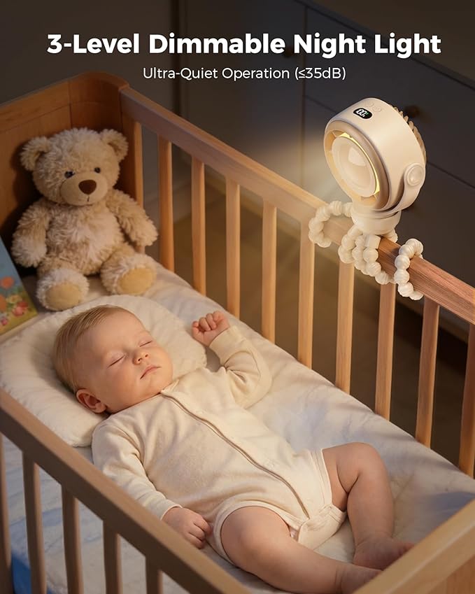 SWEETFULL Baby Stroller Fan - 4000mAh Rechargeable 4-Speed Quiet with LED Display & Night Light, Mini Portable 360° Clip On Safe Fan for Car Seat, Crib, Travel - Brown