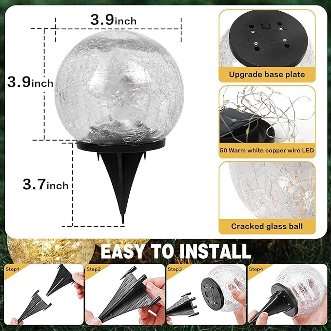 SyouHome Solar Garden Lights Outdoor Waterproof, 6 Pack Cracked Glass Ball Light, Ground Landscape Garden Decor, Solar Globe Decorative for Pathway/Patio/Lawn/Yard (Multicolor)