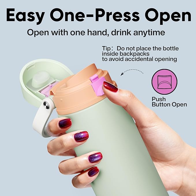 Insulated Water Bottle with Straw - Encool Stainless Steel Water Bottle with Push Button Lid, Leak-Proof & BPA-Free, Keeps Cold for 24 Hours for Sports, Travel, Gym (24 oz, Geyser Green)