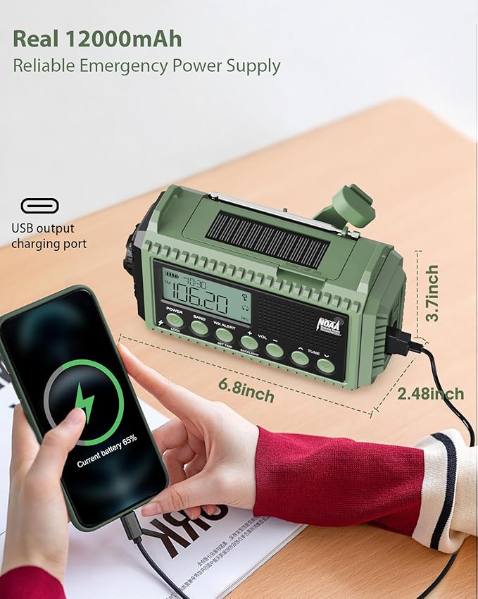 Emergency Weather Radio, Hand Crank 12000mAh Battery Powered Auto Alert NOAA Radio,130H Runtime, LCD Digital Display, SOS, Flashlight,Phone Charger, Solar Portable AM/FM/SW Radio for Emergency/Outdoor