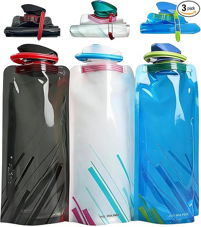 Jinora 3 Pack Collapsible Water Bottles for Travel – 24oz Foldable Water Bottle with Leakproof Lid, 700ML Food-Grade Silicone Portable Reusable BPA-Free Water Bottle for Hiking,Sports,Camping,Biking