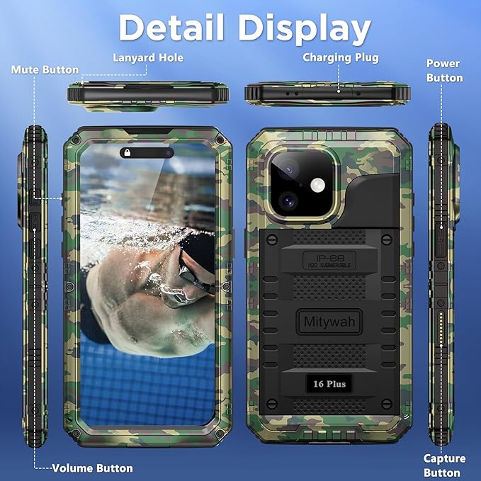 Mitywah Waterproof Case for iPhone 16 Plus, Shockproof Heavy Duty Case with Built-in Screen Protector, Underwater Full Body Protective Metal Case 6.7 inch, Camouflage