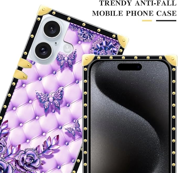 Compatible with iPhone 16 Plus Case, Purple Butterfly Flowers Leaf Luxury Golden Decoration for Girl Women Soft TPU Shockproof Protective Hard PC Back