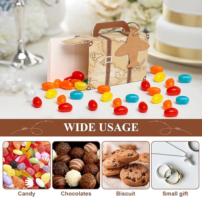 50Pcs Party Favor Candy Box, Vintage Mini Suitcase Favor Box, Kraft Paper with Tags and Burlap Twine for Travel Themed Party, Bridal Shower, Wedding Decorations