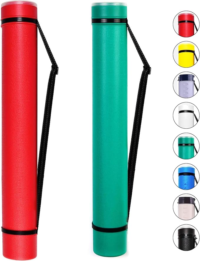 2-Pack Extendable Poster Tubes Expand from 24.5” to 40” with Shoulder Strap | Carry Documents, Blueprints, Drawings and Art | Red and Green Portable Durable Round Storage Cases with Lids and Labels