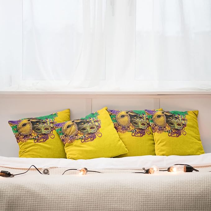 Ambesonne Mardi Gras Decorative Throw Pillow Case Pack of 4, Colorful Group of Venetian Carnivals Accessories, Cushion Cover for Couch Living Room Car, 24", Purple Yellow