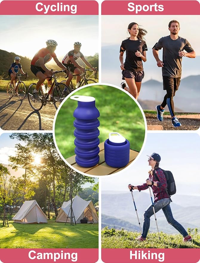 Collapsible Silicone Water Bottle 20oz - Foldable Travel Bottle Leakproof, BPA Free, Space Saving for Gym, Hiking & Travel, Dishwasher Safe(Includes carabiner and cleaning brush),dark blue