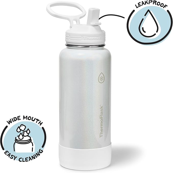 ThermoFlask 32 oz Double Wall Vacuum Insulated Stainless Steel Water Bottle with Straw Lid, Optic White