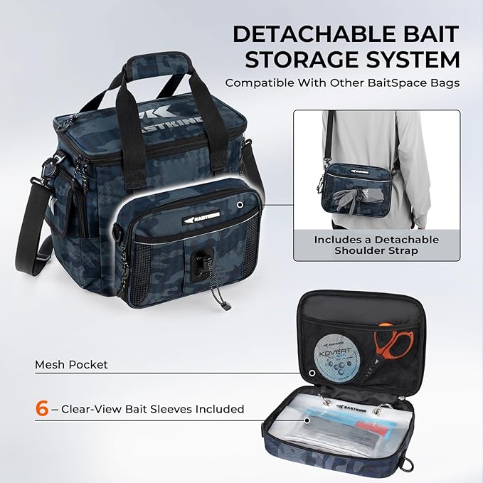KastKing BaitSpace Fishing Tackle Bag With 4 Tackle Boxes & Removable Bait Binder, Water-Resistant Tackle Storage, Durable Fishing Gear, Adjustable Shoulder Strap