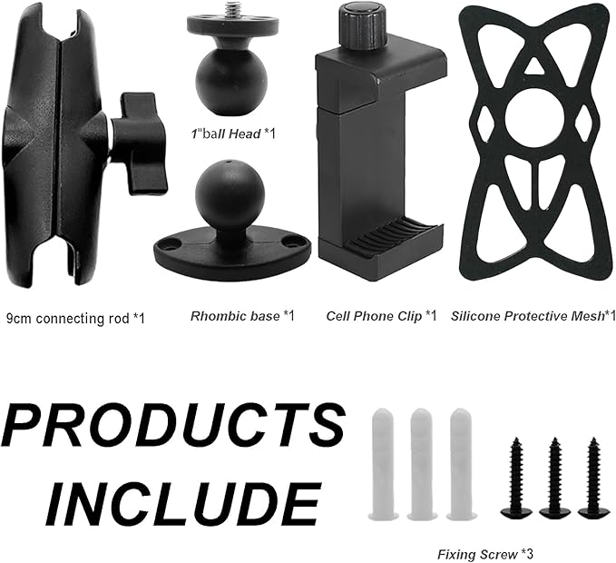 Phone Mount Holder with B Size 1" Ball Diamond Base & Double Socket Arm (Medium) for Car Boat Truck Motorcycle UTV ATV fit 4.7''-7.2'' Phone