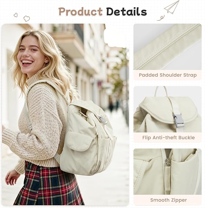 G4Free Small Backpack for Women, Nylon Casual Daypack for Work Travel Campus, Beige
