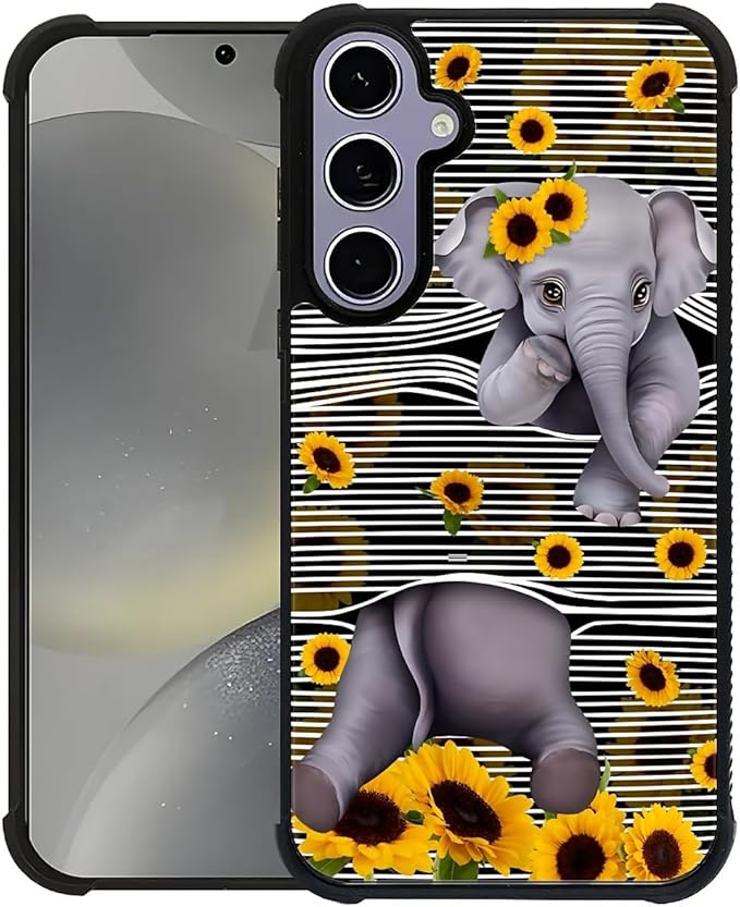 for Samsung Galaxy S24 S25 Case, Cute Little Elephant Sunflower White Line Art Pattern Graphic Design Girl Boy Soft Silicone Hard Acrylic Shock Protection for Samsung Galaxy S24 S25
