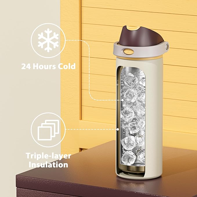 24 oz Insulated Water Bottle with Straw: Meoky Stainless Steel Metal Water Bottle with 2-in-1 Lid - Leak Proof, Cold for 24 Hours, Protective Silicone Base, BPA-Free for Sports Travel Car, Linen