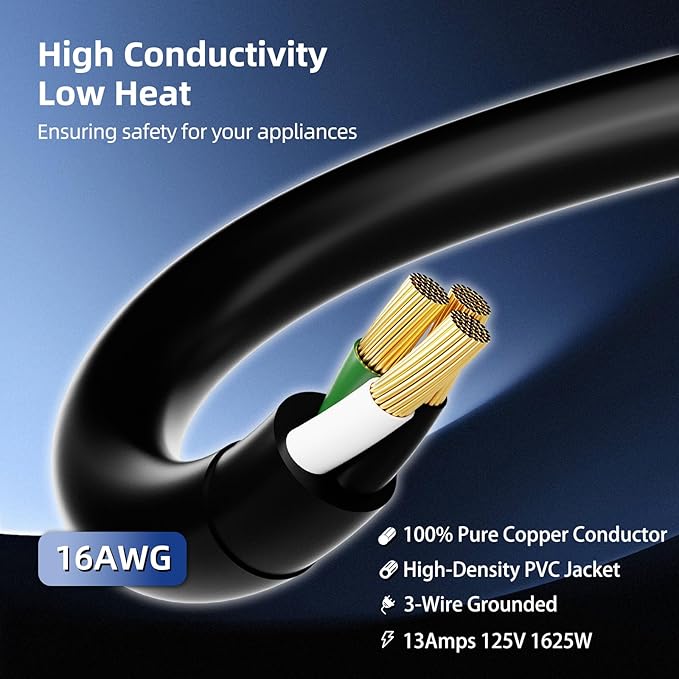 6 FT 3 Outlet Outdoor Extension Cord Waterproof, 16/3 SJTW Black Extension Cord with Multiple Outlets, Heavy Duty 16 Gauge 3-Prong Grounded Power Cable for Garden and Home Use, ETL Listed