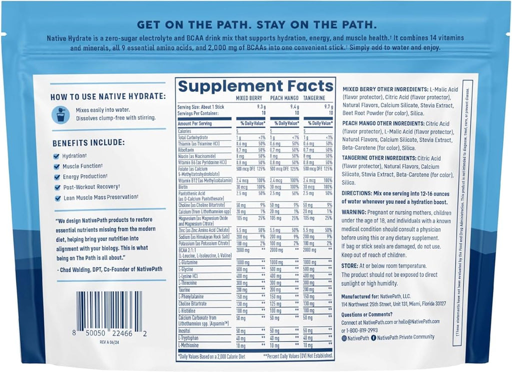 NativePath Hydrate Stick Packs with Electrolytes and Amino Acids, Variety Pack, Mixed Berry, Peach Mango, Tangerine, 30 Servings