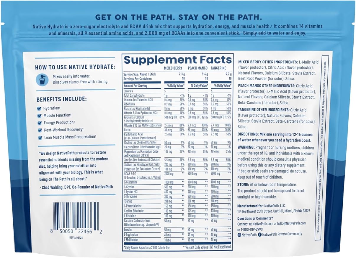 NativePath Hydrate Stick Packs with Electrolytes and Amino Acids, Variety Pack, Mixed Berry, Peach Mango, Tangerine, 30 Servings