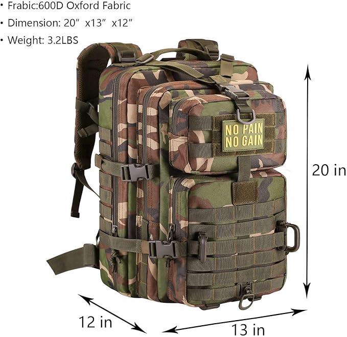 Hannibal Tactical MOLLE Assault Backpack, Tactical Backpack Military Army Camping Rucksack, 3-Day Pack Trip w/Patch, D-Rings, Woodland