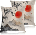 Swono Outdoor Pillow Covers Bamboo, Japanese Bamboo Trees Mountains Red Sun Painting Home Decorative Throw Pillow Case Cushion Cover for Men/Woman/Bed/Sofa/Office/Car, 18x18 Inch 2Pcs Pillow Covers