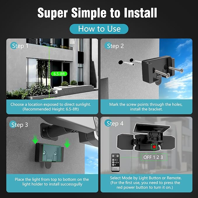 Solar Lights Outdoor Waterproof- 2800LM 200LED Solar Motion Sensor Lights, 3 Heads & 3 Modes Flood Lights, 270° Wide Angle Solar Powered Security Lights for Yard, Garage(4 Pack)