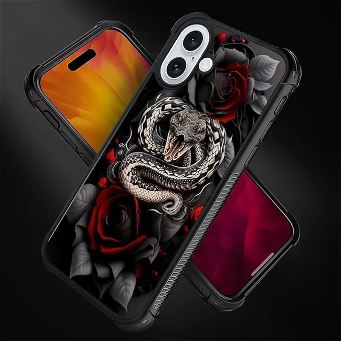 for iPhone 16 Plus Case, Entwined Rose Snake Pattern Graphic Design Girl Boy Soft Silicone Hard Acrylic Shock Protection for iPhone 16 Plus