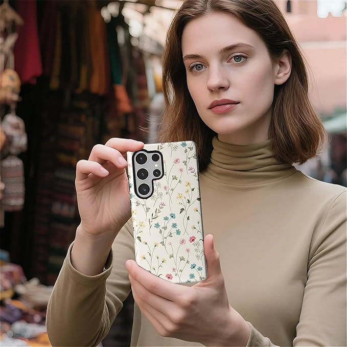 for Samsung Galaxy S25 Ultra Case,HL2 Beige Flower Branch Hybrid 2 Layer Hard Shell Silicone Protective Pattern Design Case