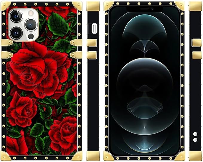Compatible with iPhone 12 Pro Max Case, Vector Red Rose Green Leaf Luxury Golden Decoration for Girl Women Soft TPU Shockproof Protective Hard PC Back for iPhone 12 Pro Max