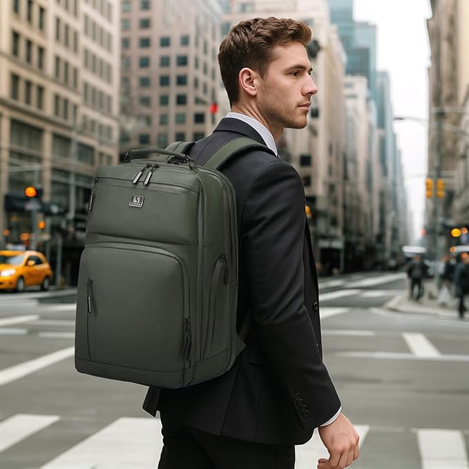 Expandable Business Backpack with 17" Laptop Compartment - Waterproof, Airline Approved, 33L-42L Capacity, for Work & Travel, Green