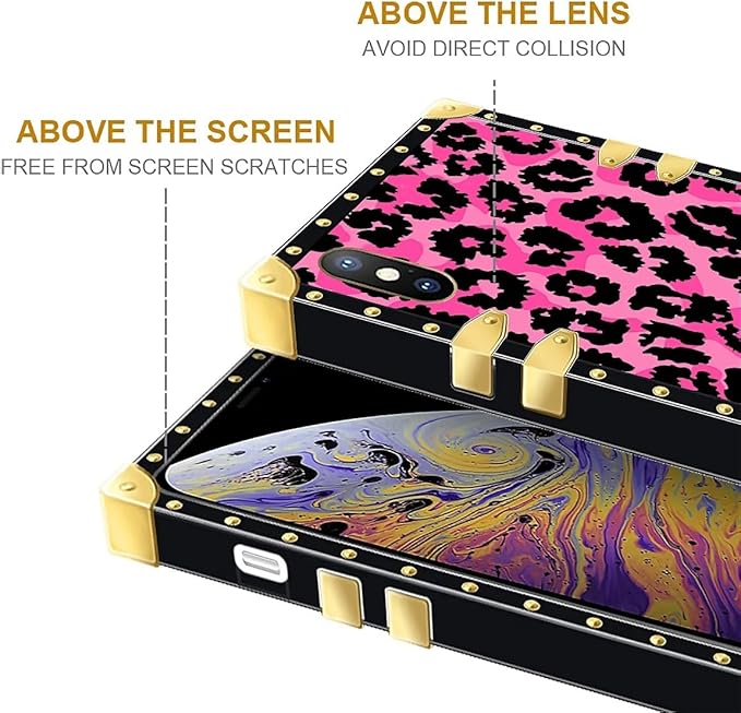 Compatible with iPhone Xs Max Case, Pink Black Leopard Luxury Golden Decoration for Girl Women Soft TPU Shockproof Protective Hard PC Back for iPhone Xs Max